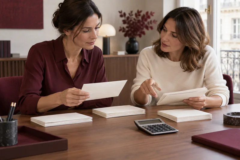 Deux professionnelles classent des enveloppes neutres par usage sur une table.